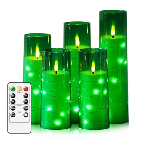 Image of kakoya Flameless LED Candles with Timer 5 Pc Flickering Flameless Candles for Romantic Ambiance and Home Decoration Stable Acrylic Shell,with Embedded Star String,Battery Operated Candles(Green)