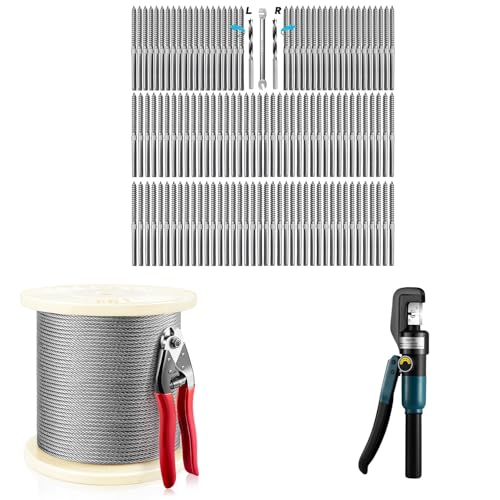 Steel DN Mate 120 Packs T316 Stainless Steel Left&Right Handed Thread Swage Lag Screws and Hydraulic Crimping Tool with 9 Dies, 650 ft SUS316 Wire Rope for Cable Railing System
