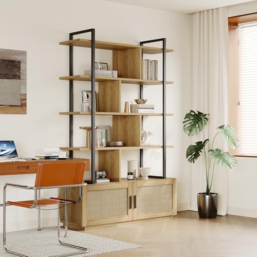 5 Tier Tall Bookshelf with Open Display Shelves, 71 Inch Rattan Classical Book Shelf with Storage, 5 Open Storage Bookcase with Metal Frame for Living Room, Bedroom and Home Office