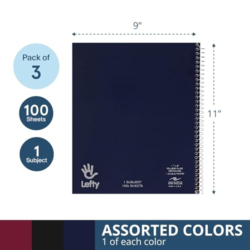 Image of ROARING SPRING Lefty Spiral Notebook, Left-Handed One Subject Notebook, 3 Pack, 11 inch x 9 inch, 100 Sheets, College-Ruled, Perforated, Assorted Saranac Covers, Made in USA