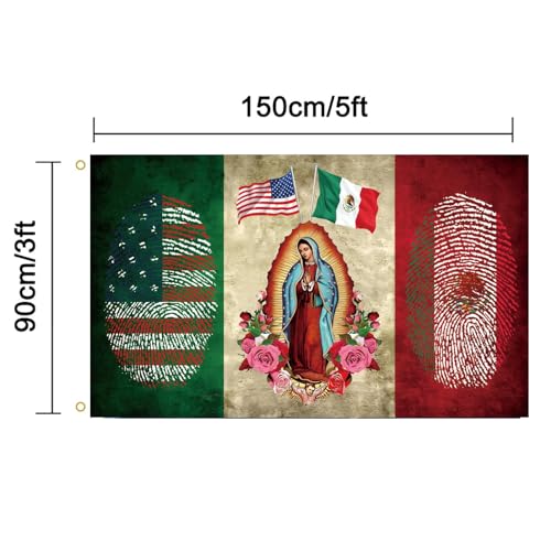 Image of Mexican American Flag with Virgin of Guadalupe, Mexico USA Flag 3x5 Ft, Polyester, Indoor Outdoor Banner