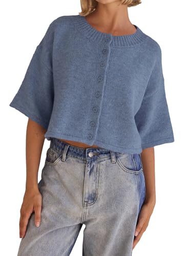 Womens Summer Short Sleeve Sweater Tops Button Down Oversized Cropped Sweaters Casual Knit Pullover Top2