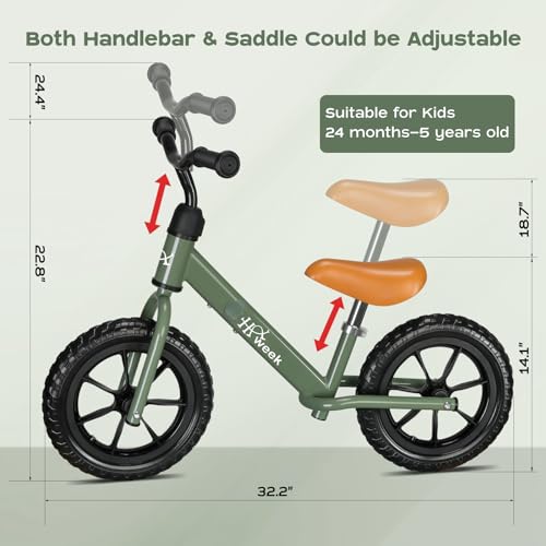 HAWEEK Toddler Balance Bike 12” No Pedal Training Bike for Kids 2-5 Years Adjustable Seat & Handlebar Best Gifts for 1-3 Boys Girls (Green) - Thumbnail 2