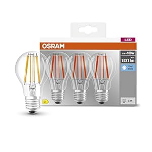 OSRAM Lamps LED BASE Classic A100, klare Filament LED-Lampen aus Glas für E27 Sockel, Birnenform, Kaltweiß (4000K), 1521…