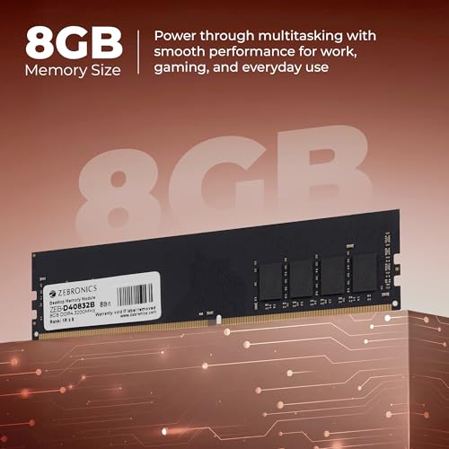 Image of Zebronics 8GB DDR4 RAM for PC, 3200MHz, 8bit Architecture, Low Power Consumption, High Stability Performance (D40832B)