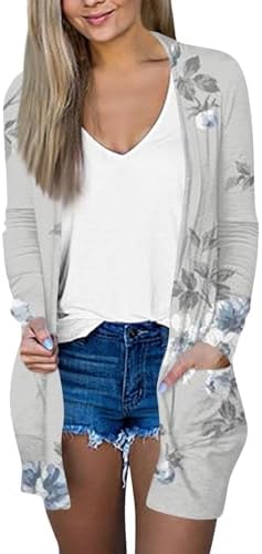 Womens Long Sleeve Cardigan 2024 Mid-Length Loose Tshirt Retro Floral Printed Comfy Tops Daily Coat Casual with Pocket