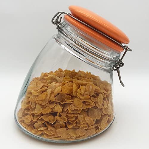 megusta® Bocal de conservation avec couvercle en céramique orange, fermeture à étrier, 1200 ml, hermétique grâce à un anneau en silicone et une fermeture à étrier métallique Cover