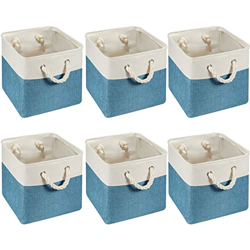 6 Pieces Cube Storage Bins Small Foldable Storage Cube Baskets with Sturdy Carry Handles Multipurpose Storage Cube Baskets Organizer Bin for Home, Office, Nursery (Light Blue, White,11 x 11 Inch)