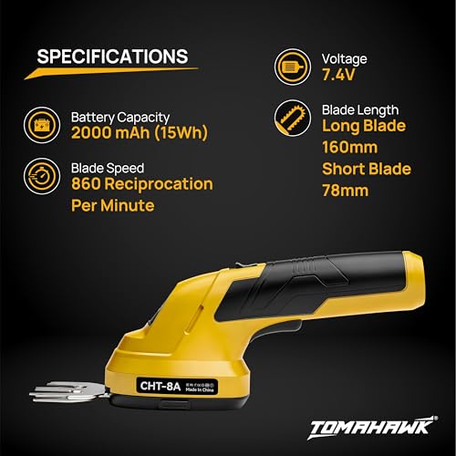 Image of TOMAHAWK CHT-8A Cordless Grass & Shrub Trimmer 3.7V | Lightweight Garden Shears | Tool-Free Blade Change | USB Rechargeable Battery | Handheld Hedge & Grass Cutter | Wire Less