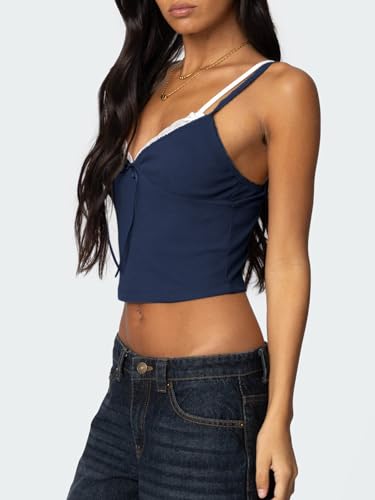 Women Camisole Tank Tops Lace Trim Bralettes Spaghetti Strap Cami Shirt Trendy Baby Tees Navy Blue XL — view 2