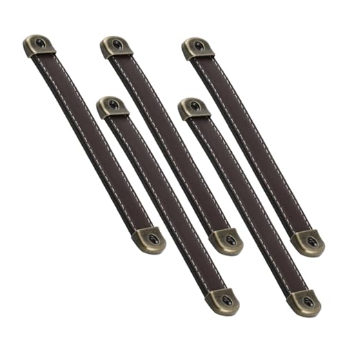POPETPOP 5 piezas Tiradores de Cuero para Muebles Manijas Vintage para Armarios Asas de Repuesto para Baúles y Maletas Agarre Ergonómico y Diseño Retro Marrón