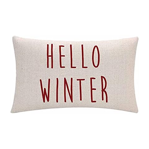 Christmas Decor Throw Pillow Covers Red Christmas Hello Winter Rectangular/Waist Cushion Cover Farmhouse Winter Holiday Pillowcases 12" x 20",for Sofa Porch Patio Cover