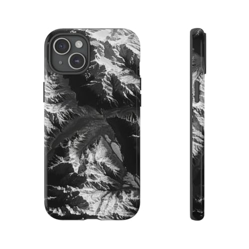 Coque rigide brillante pour iPhone 15 Plus motif montagne noir blanc