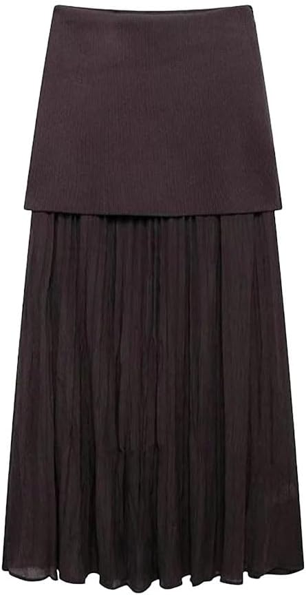 Women's Fashion Knitted Patchwork Pleated Side Zipper Midi Skirt Vintage High Waist Chic Bodycon Pencil Skirt