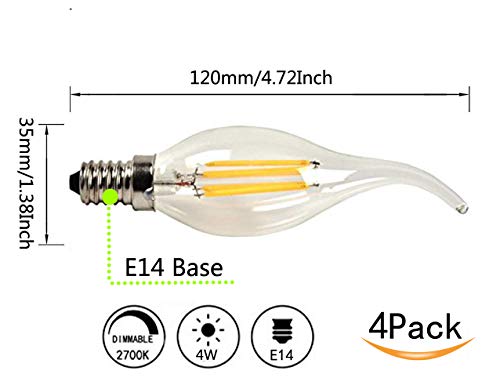 Ctkcom 4W Dimmable Led Candelabra Bulb(4 Pack)- E14 Base Antique Candelabra Light Bulb 40W Equivalent Lamp, Warm White 2700K,C35 Flame Shape Bent Tip For Vintage Style #TOP1