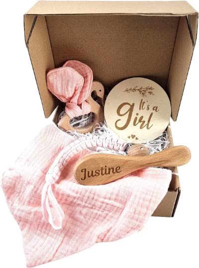 Personalised Engraved New Baby Hairbrush Gift Set, It's A Girl, Pink Swan Teether and Bib Baby Gift Box Hamper Newborn Girl Gift