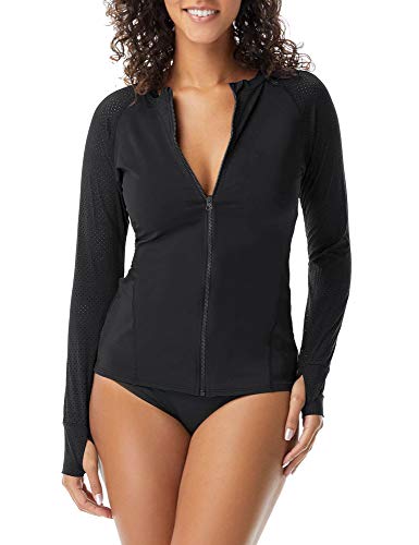 GRAPENT Women's Black Long Sleeves Zipper UPF 50 Sun Protection Rash Guard Bathing Suit Swimsuit Top Surfing Swim Shirts Size Large
