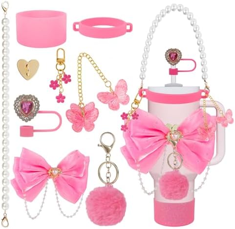 UKQRRTC 9 Pcs Tumbler Accessories Set for 40oz 30oz 20oz Water Bottles, Personalized Decoration Charms Kit with Silicone Boot, Spill Stopper, Pom Pom Keychain & Large Bow, Rose Pink Gift for Women