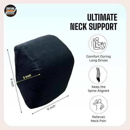 Image of CareFoam Ultimate Memory Foam Car Neck Rest Pillow, Comfortable Rides, Superior Neck Support Cushion, Relieves Neck Pain, Black Velvet Cover | 14 x11 x5 Inch | Small Pack of 1