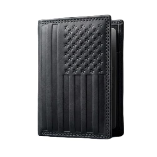 Image of ASAD Leather Slim Everyday Trifold Wallet with ID Window and Multiple Card Slots | Genuine Leather Double Stitched RFID Blocking Stylish | Gift for Him | Black Crazy Horse American Flag Design