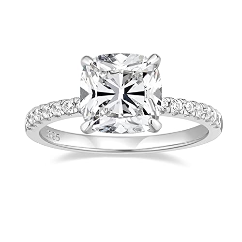 EAMTI 3.5CT 925 Sterling Silver Rings Cushion Cut Cubic Zirconia CZ Engagement Rings Wedding Bands for Women Promise Rings for Her Size 3-11