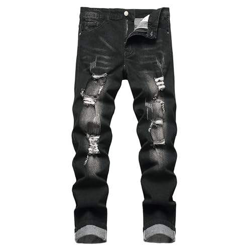 Men's Ripped Straight Leg Jeans, Black, Slim Fit, Regular Length
