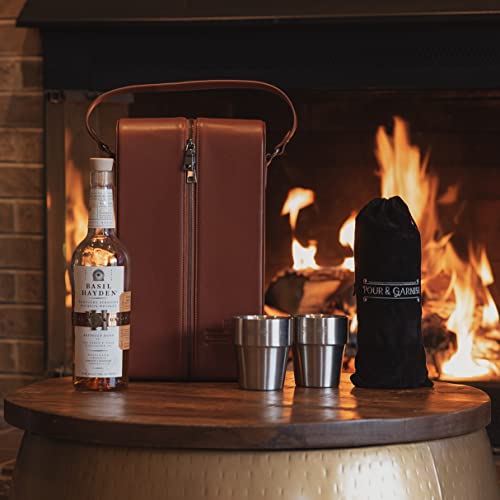 Pour & Garnish Bourbon Wine & Whiskey Double Bottle Tote Bag With 4 Insulated Double-Walled - Stainless-Steel Glasses - Makes A Great Gift! Rich Brown Color With Gun Metal Hardware - Whiskey Bag #TOP1