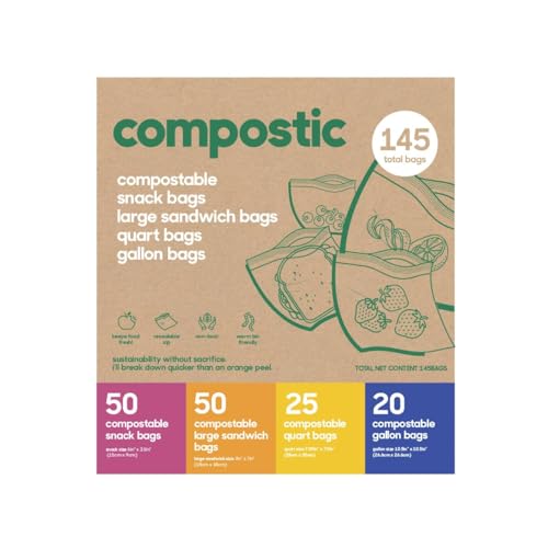 Compostic 100% Home Compostable Resealable Storage Bags (145 Count) – Plant-Based, Microwave & Freezer Safe, BPA-Free, GMO-Free, Certified Non-Toxic Food Storage Bags