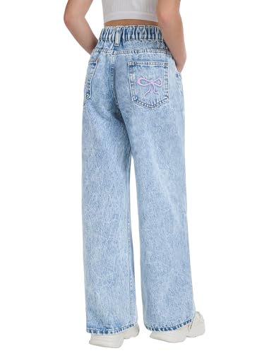 Fulihug Girls Jeans Size 12-14 Wide Leg Baggy Bow Print Elastic Waisted Denim Pants Tween Girls...