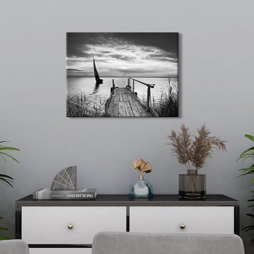 Image of Nature Beach Landscape Wall Art for Living Room Black and White Paintings Wall Decor Ocean Coastal Scenery Canvas Prints Seascape Sailboat Picture Vintage Poster Artwork Kitchen Modern Home Decoration 12x16 inch