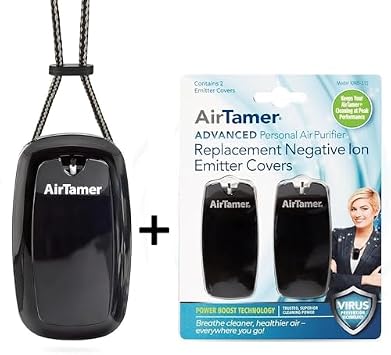 AirTamer A315 Rechargeable Portable Air Negative Ion Generator + Replacement Negative Ion Emitter Covers 2-Pack | Advanced Personal Air Purification with Leather Travel Case | Proven Performance, Bl