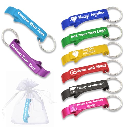 SYSTUTY 100pcs Personalized Aluminum Bottle Opener Keychains with Engraved Text Logo, Customized for...