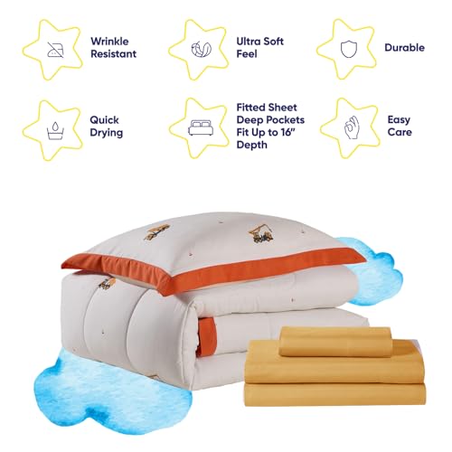 Image of Construction Bedding Set Twin Size - Bed in a Bag with Sheets, Pillowcases & Shams - Soft Construction Bedding Comforter Set with Dump Trucks, Cranes & Bulldozers - Fun Kids Construction Bedroom Decor