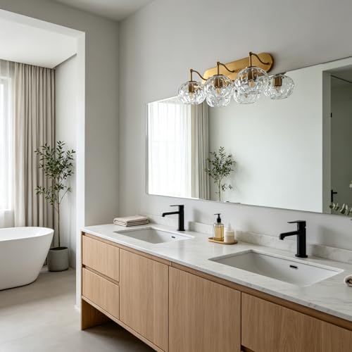 Image of 23 inch Gold Vanity Light Clear Hammered Glass Wall Sconce 3-Light Brushed Brass Wall Lamp for Hallway Living Room Stairwell Bathroom Over Mirror