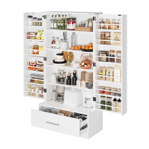 PREMTURE Kitchen Cupboard, Pantry Cabinet with 2 Doors & 1 Drawer & Adjustable Shelves, Free Standing Kitchen Storage Cabinet with Guardrail for Dining Room Living Room, White