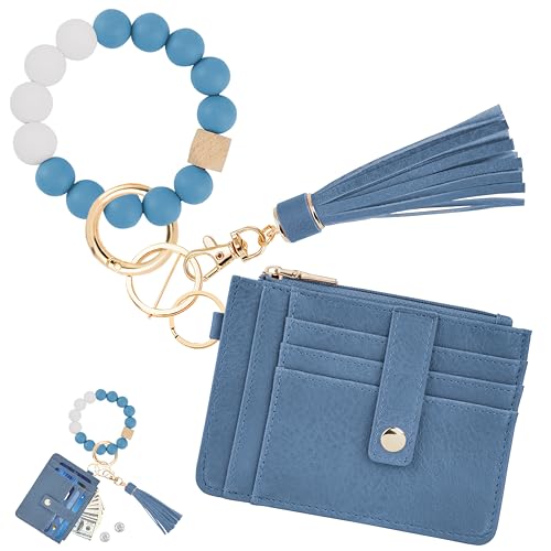 Image of KNGITRYI Wristlet Wallet for Women,RFID Keychain Wallet with Beaded Strap | 8 Card Slots,ID Window,Zipper Pocket,Leather Tassel,Compact Design