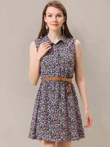 Image of Allegra K Women's Floral Printed Half Placket Above Knee Summer Sleeveless Belted Dress