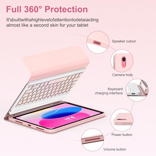 Image of MMK for iPad 11th 10th Generation Case with Keyboard (2022, 10.9 inch), Wireless Detachable Keyboard, with Pencil Holder for iPad 11 inch (A16 2025), 10th Gen (10.9 Inch 2022) Pink