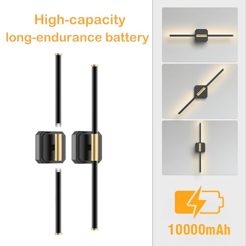 Aruesi Battery Operated Wall Sconces Set of 2, 28.3"10000mAh Rechargeable Wireless Wall Lamp, 360° Rotate wall light with Remote & Touch Control, 3000K-6500K Black Gold for Bedroom Living Room Vanity — view 2