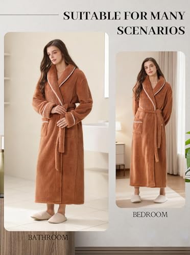 Image of Women Long Plush Fleece Bath Robe | Soft loungewear housecoat, comfy sleepwear for home, suitable as ladies pajamas and nightgown