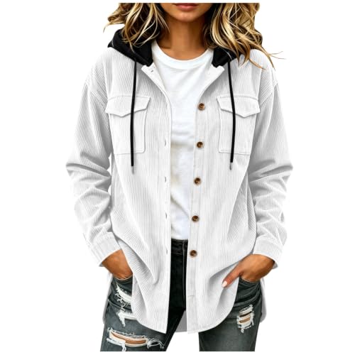 Floobei Damen Cordjacke,Cordjacke Damen Hoodie Vintage Sweatjacke Cord Kapuzenjacke Button-Down Jacken mit Kapuze Outdoorjacke Lässige Übergangsjacke Streetwear Outdoor Freizeit Herbstjacke