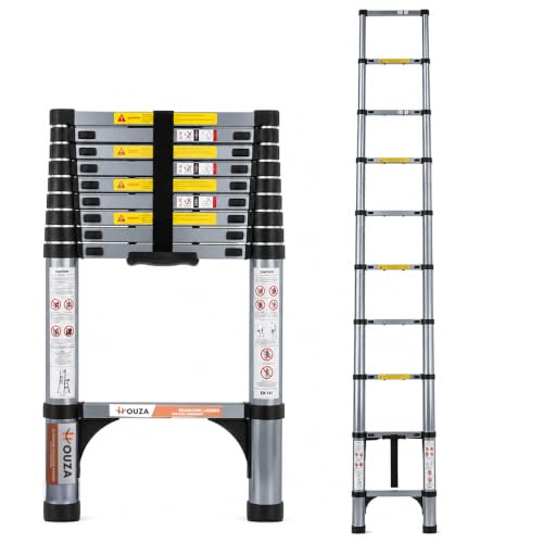 Image of HOUZA 3.9m (13 ft) Steel Telescopic Ladder | 10-Step Foldable Extension Ladder | Portable & Collapsible Ladder for Home, Industrial & Outdoor Use | EN131 Certified | 1 Year Warranty(Silver & Black)