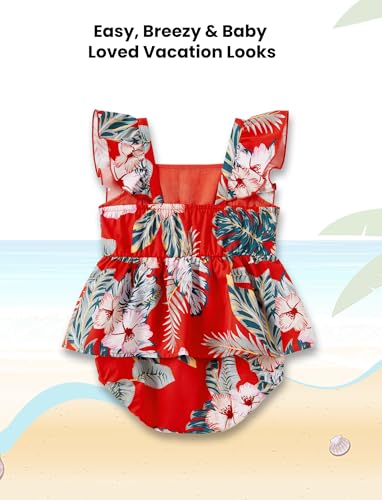Image of PATPAT Matching Family Hawaiian Outfits - Mommy and Me Hawaiian Dress Matching Set Tropical Palm Leaf Print Summer Dress Sundress Halter Neck Romper Dress Red Flower Baby Girl 6-9 Months