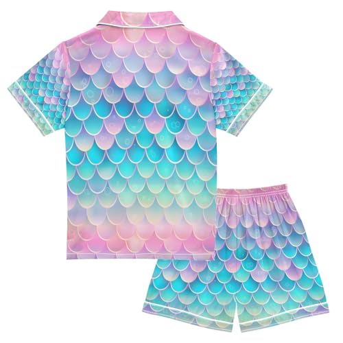 senya Fish Scales Glitter Satin Summer Pajama Sets Silk Short Sleeve Button Down Sleepwear2
