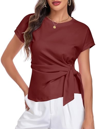 T-Shirt Damen Rundhals Kurzarm Sommer Blusen, Oberteile Slim Fit Elegant Basic Shirt mit Tailleband