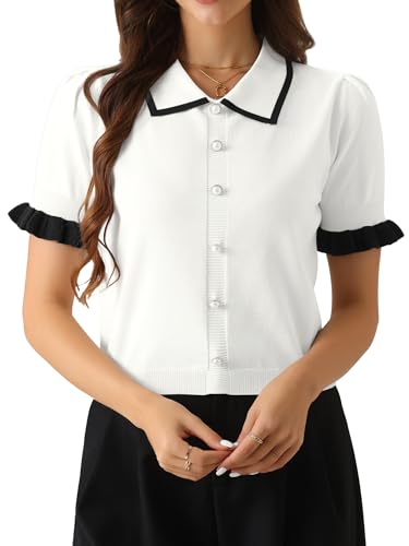 Image of Allegra K Women Short Sleeve Sweater Tops Summer Elegant Collared Work Shirts