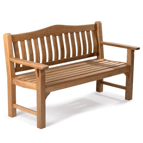 Ash & Ember Hawthorne Grade A Teak 61" Bench, Seats 2-3 People Comfortably, Weather Resistant Indoor Outdoor Solid Wood Patio Furniture with Tightly Spaced Slats, Bowed Back, Armrests