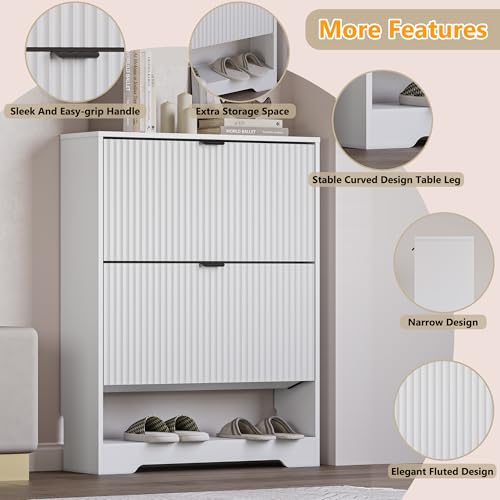 Image of BORNOON Shoe Cabinet with 2 Flip Drawers, Fluted Shoe Storage Cabinet with Adjustable Shelves, Freestanding Rack and Organizer for Entryway, Closet, Hallway