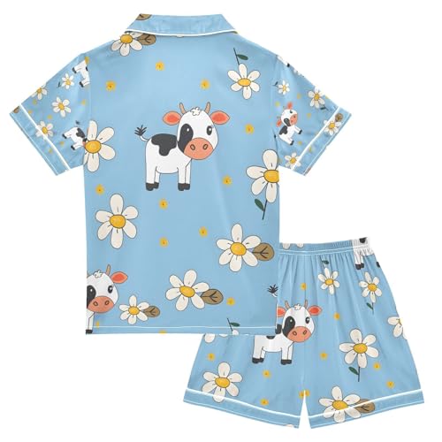 senya Cute Little Cow A Satin Summer Pajama Sets Silk Short Sleeve Button Down Sleepwear2