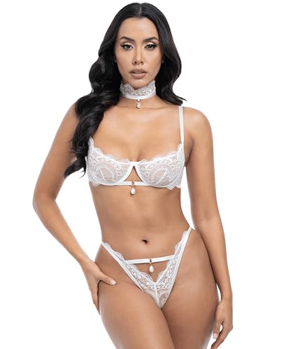 Oh là là Chéri Women's Perla Lace 2 Piece Bra Set 40-12082, Bright White, L/XL